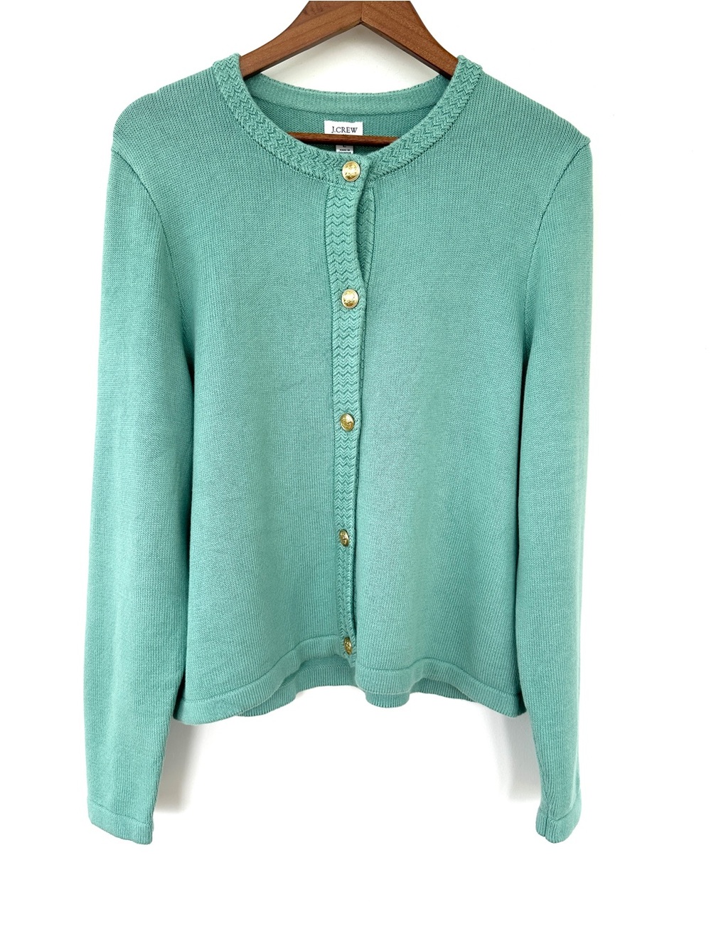 J. Crew Mint Green Button-Front Cotton Cardigan Sweater, Crew Neckline